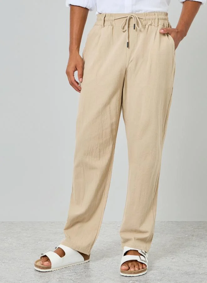 Take Two Men Beige Linen Blend Relaxed Fit Trousers